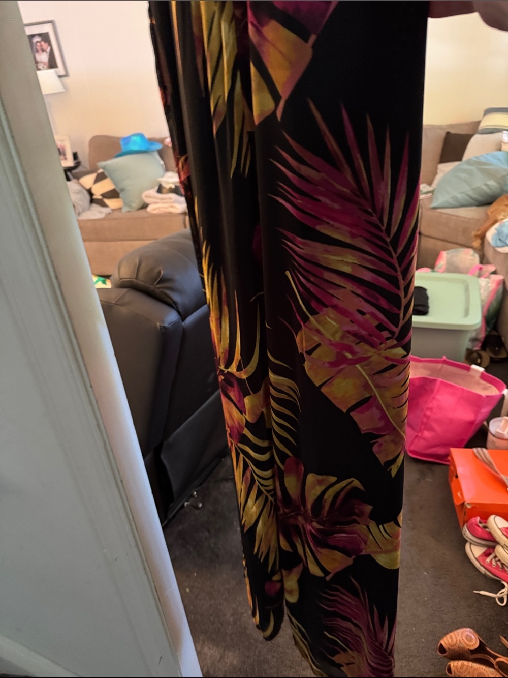 Attitudes by Renee Tropical jumpsuit- Black with Yellow & Magenta Leaf Print - Picture 6 of 6